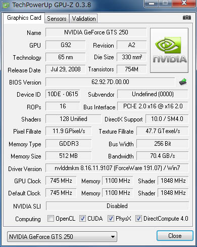 NVIDIA GeForce GTS250 詳細