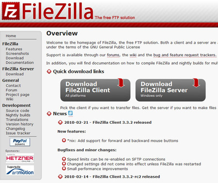 FileZilla（ファイルジラ）の公式サイト、トップページ