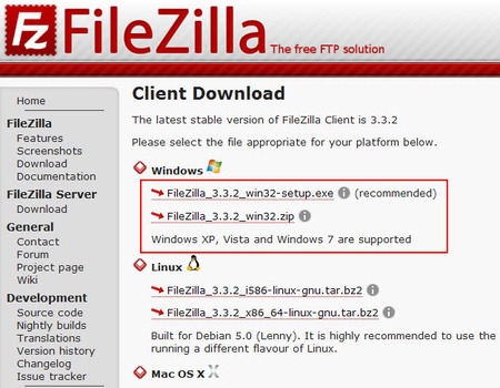 FileZillaのWindows32bit版をダウンロードする