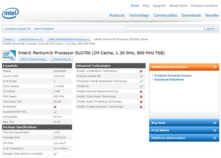 Intel Pentium Processor SU2700 (2M Cache, 1.30 GHz, 800 MHz FSB)